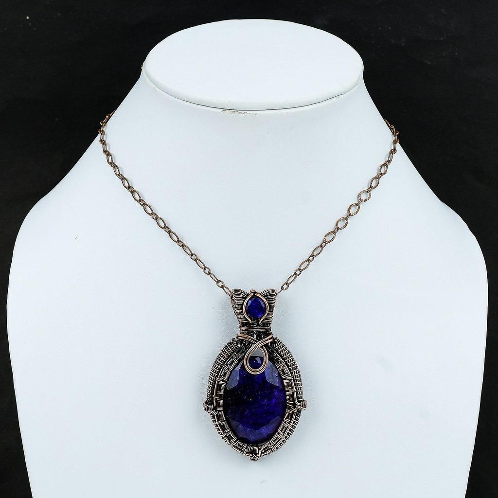 Faceted Blue Sapphire Pendant Copper Wire Wrapped Pendant Gemstone Jewelry Handmade Copper Jewelry Unique Pendant Wire Wrap Jewelry For Gift