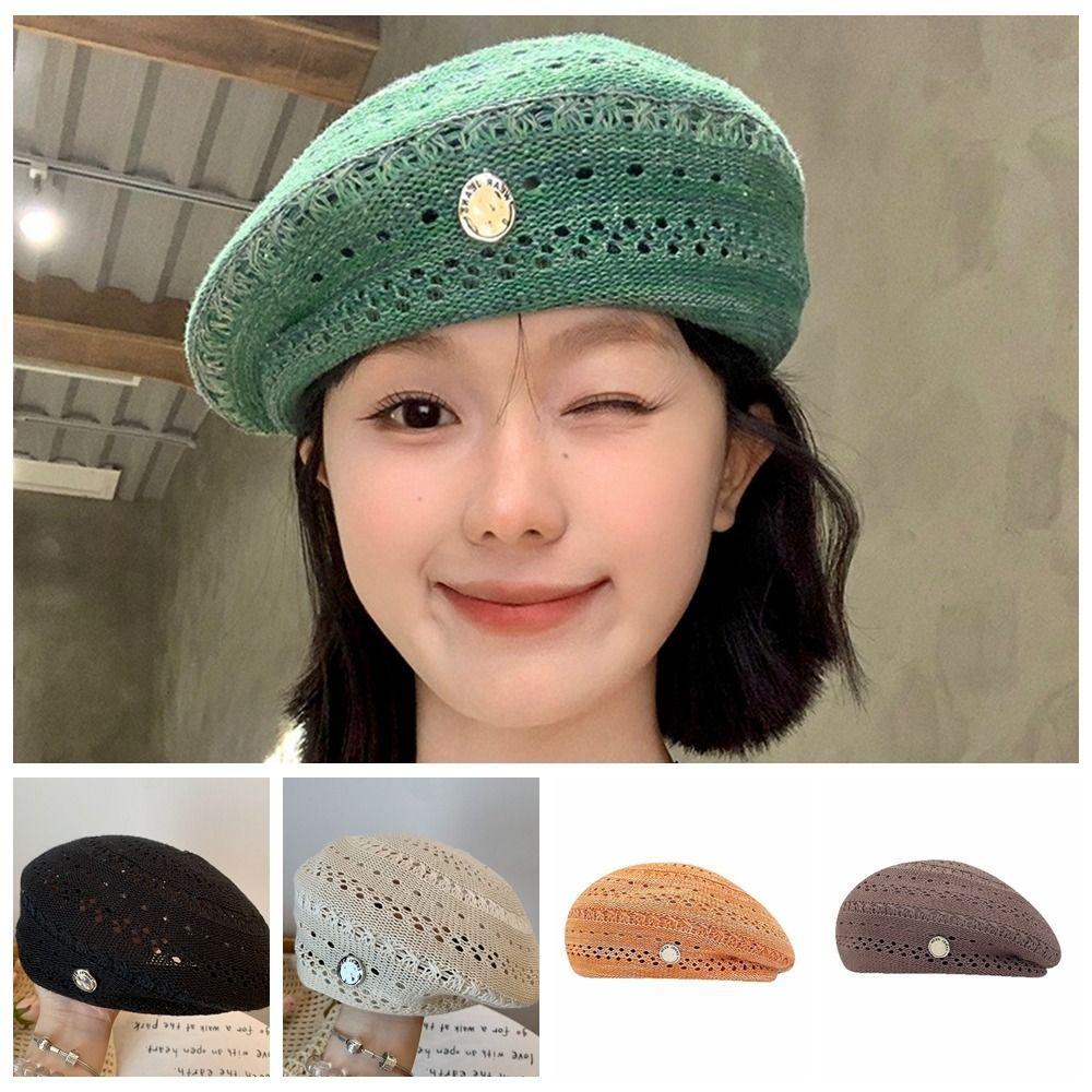 Vintage Hollowed Out Beret Hat Japanese Style Crochet Knitted Cap Elegant Weave Painter Hat  Spring