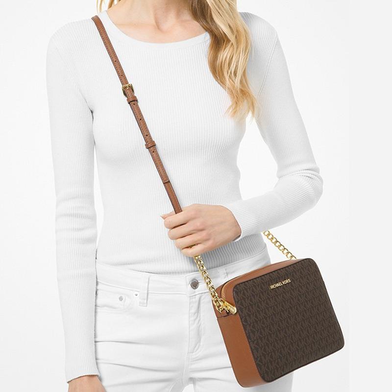 MICHAEL KORS Jet Set Long Presbyopia Printed Retro Letters LOGO Chain Camera Bag Shoulder Bag Leather Crossbody Bag Regular Women's Brown