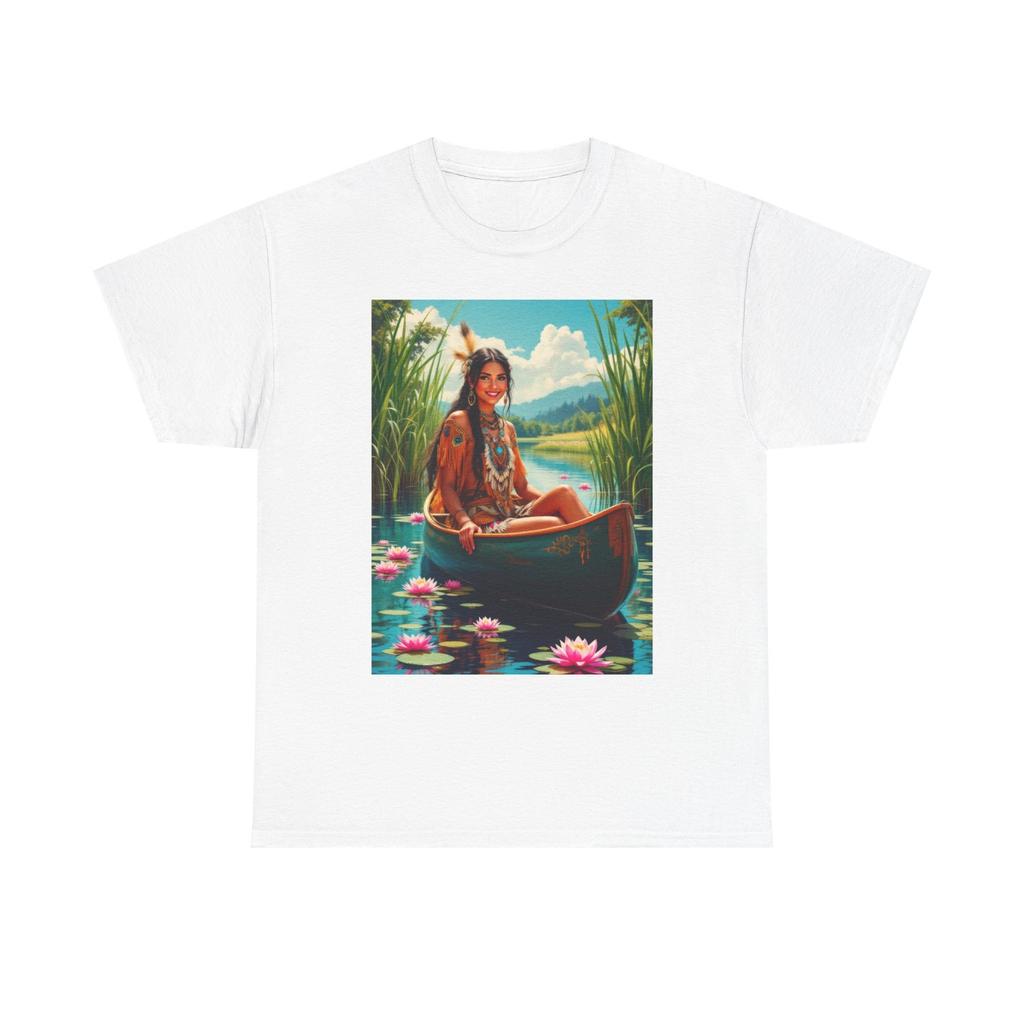 Indian Maiden In A Canoe Pin-up T-Shirt, Vintage Native American Cheesecake Art