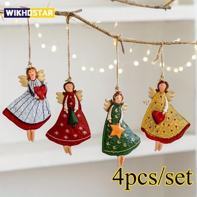 Set mit 4 Vintage Engel Hängedekorationen – Fantasy Holz Weihnachtsbaumdeko, Leichtgewicht, Kein Strom benötigt