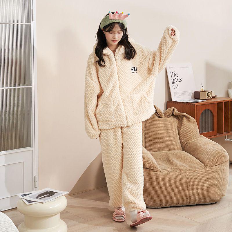 Women's Cute Cartoon Hooded Fleece Pajama Set - Thick Two-Piece Winter Home Wear