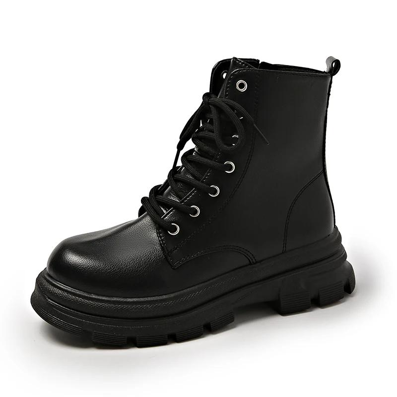 Women Ankle Boots Real Leather Thick High Heels Shoes Fall Winter  Platform Short Booties Casual Dress
