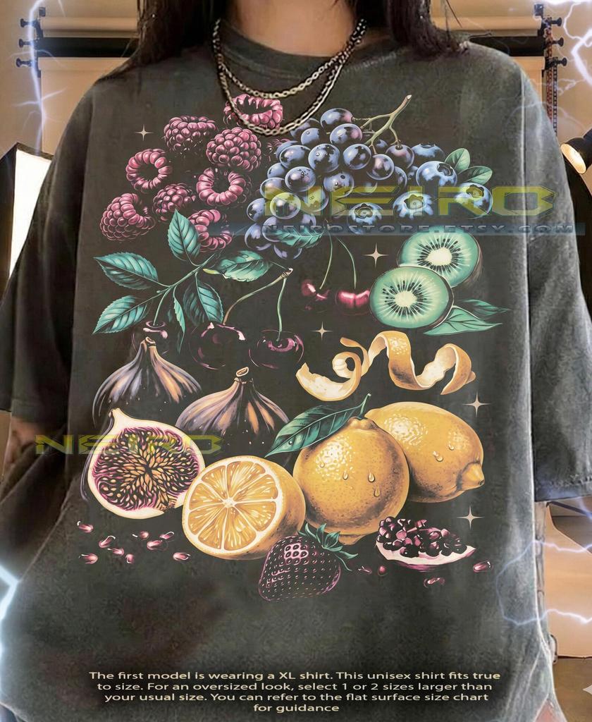Vintage Fruits Botanical Illustration Fig Lemon Cherry Comfort Colors® Tshirt, Berries Grapes Kiwi Pomegranate Food Bootleg 90s Tee