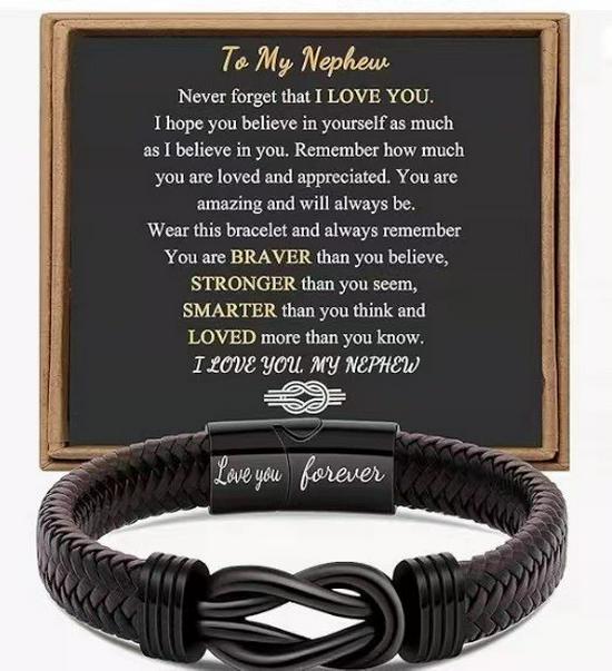 Men's Magnetic Black Twist Stainless Steel and Woven Leather Bracelet