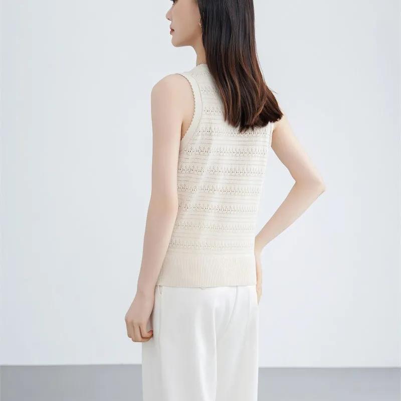 WTEMPO Hollow-out O-Neck Large Size Solid Color Casual Camisole Vests Women's Spring Summer Sleeveless Knitted Tank Tops