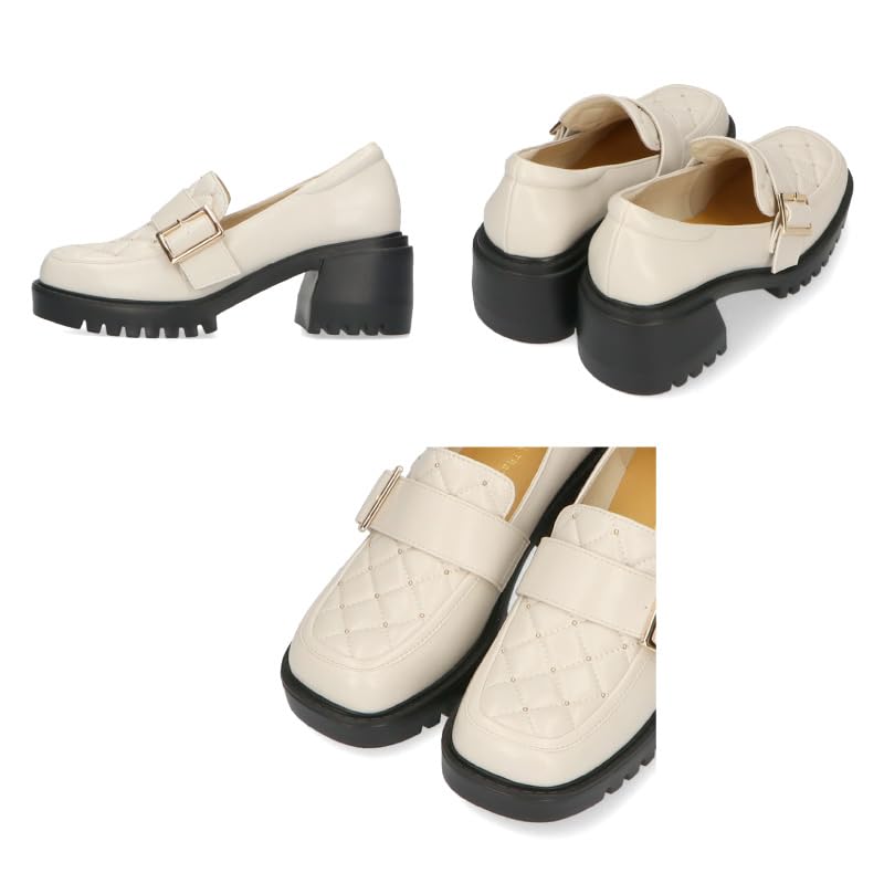 Slipper Schuhe für Dickes Volumen Gesteppt Quadratisch 41311 WEISS cm [Oriental Traffic] Damen, Sohle, Sohle, 6.5cm Absatz, Schnalle, Gürtel, Polsterung, Trendig, Mädchenhaft,