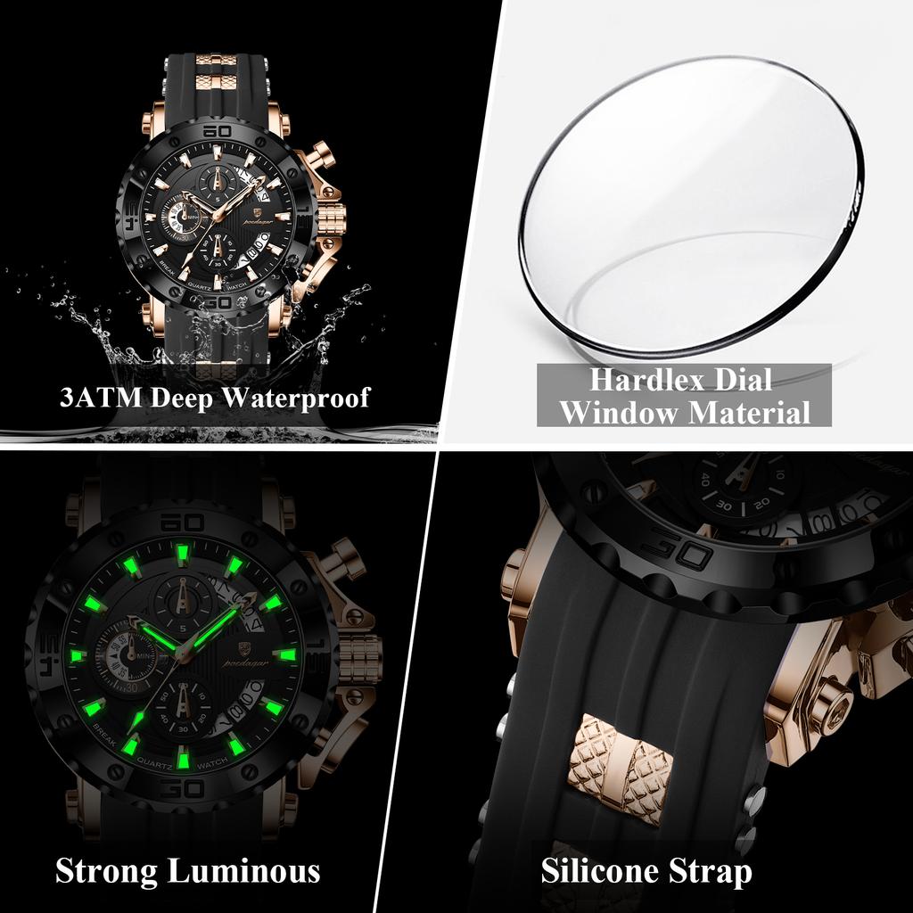 POEDAGAR Top Sport Man Watch Chronograph Waterproof Luminous Fashion Men Clock Date Silicone Strap Quartz Military Men's Watches