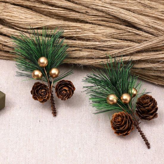 10 Pcs Artificial Pine Pick Mini Pine Needles Branches with Gold Berry Small Pinecones Stems for Holiday Crafts Christmas Tree DIY Garland Wreath