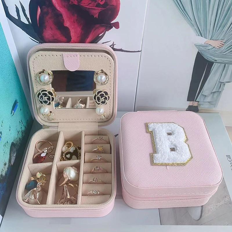 

Pink Mini Jewelry Storage Box for Women with Letter Travel Jewelry Case Earring Ring with Mirror Birthday Party Box Gift NEW