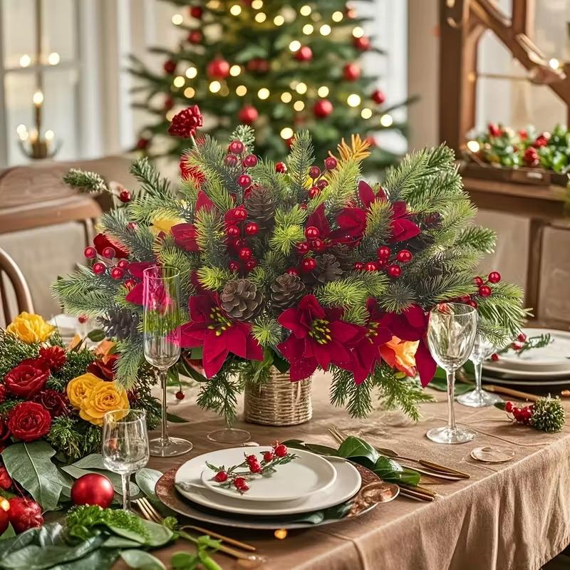 4pcs Artificial Christmas Pine Branches with Red Berries, Artificial Evergreen Branches, Classic Poinsettia Design, Perfect for Halloween, Christmas