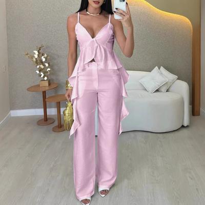Women's V-Neck Top with Pants Ruffled Camisole Top with Straight Pants Breathable Commuter Suit Summer Casual Outfit for Office Party Street