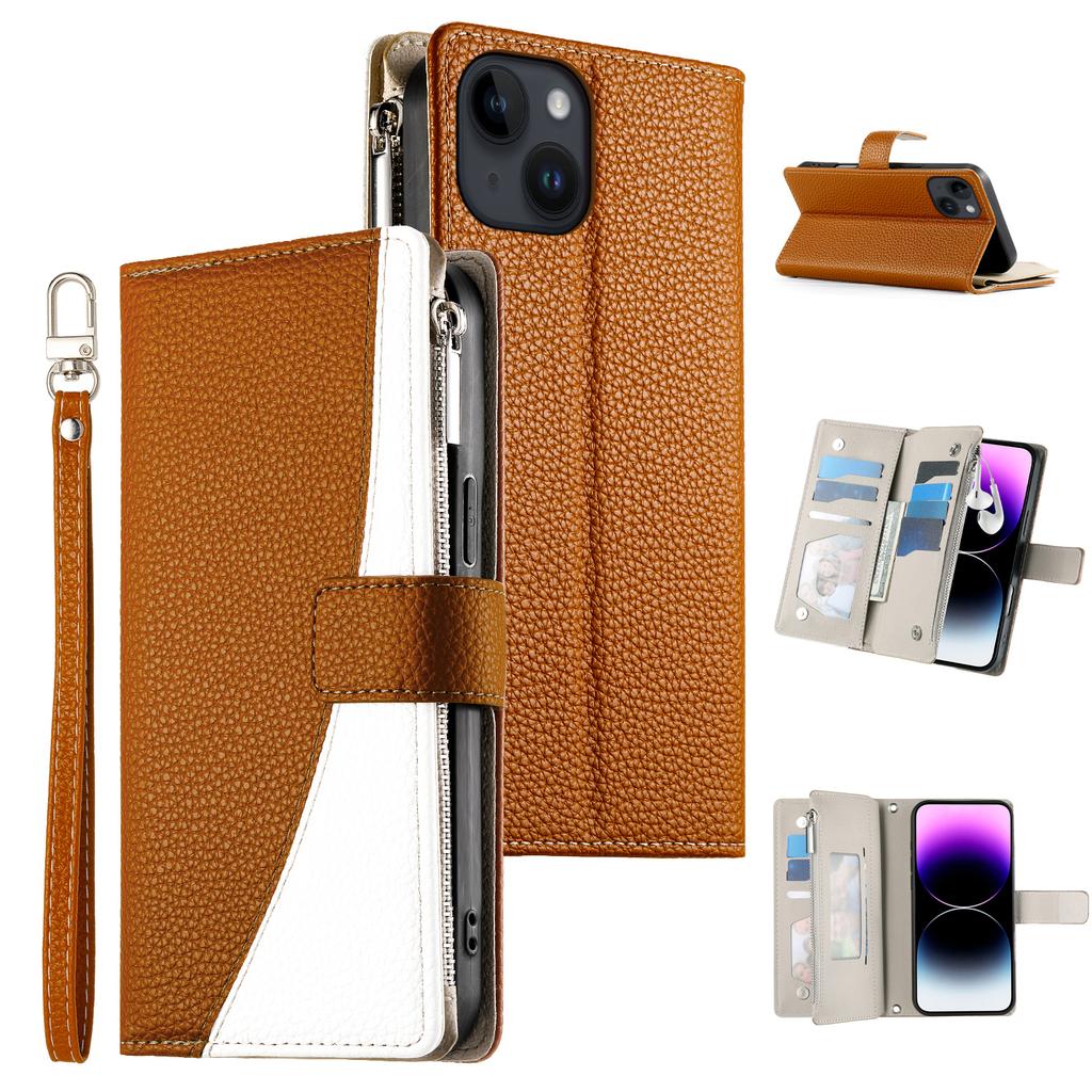 For iPhone 14/13 Case Zipper Pocket Wallet Color Splicing Leather Flip Phone Cover with Straps