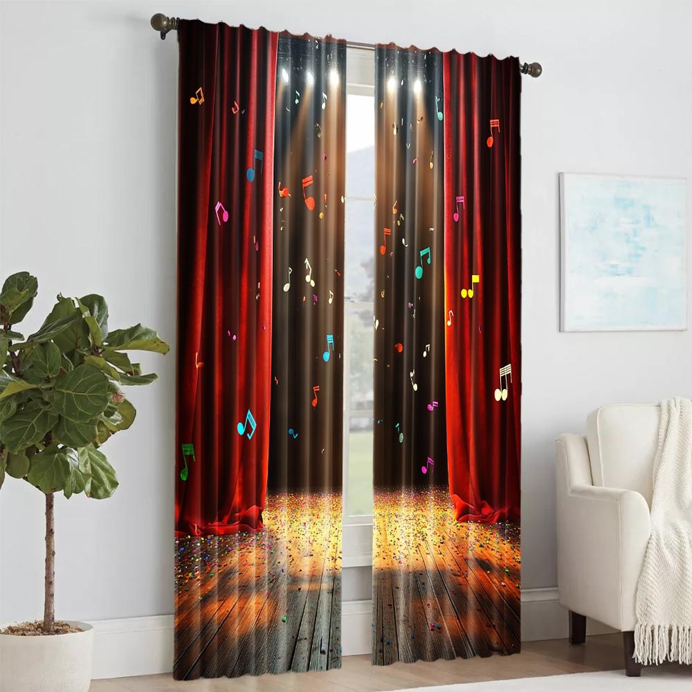 2 Pcs   Versatile Polyester Transparent Curtains for Home Decoration Red Curtain with Musical Notes for Use In Bedrooms and