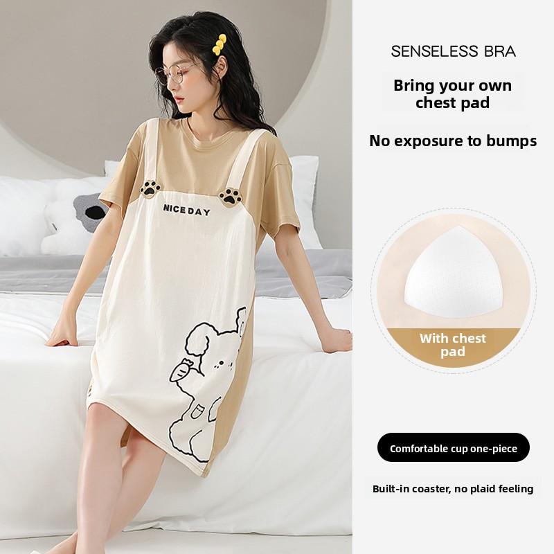 Summer Women Short Sleeve Nightgowns with Chest Pad Female cartoon Print Homewear young Girl Cute Nightdress casual loose Loungewear