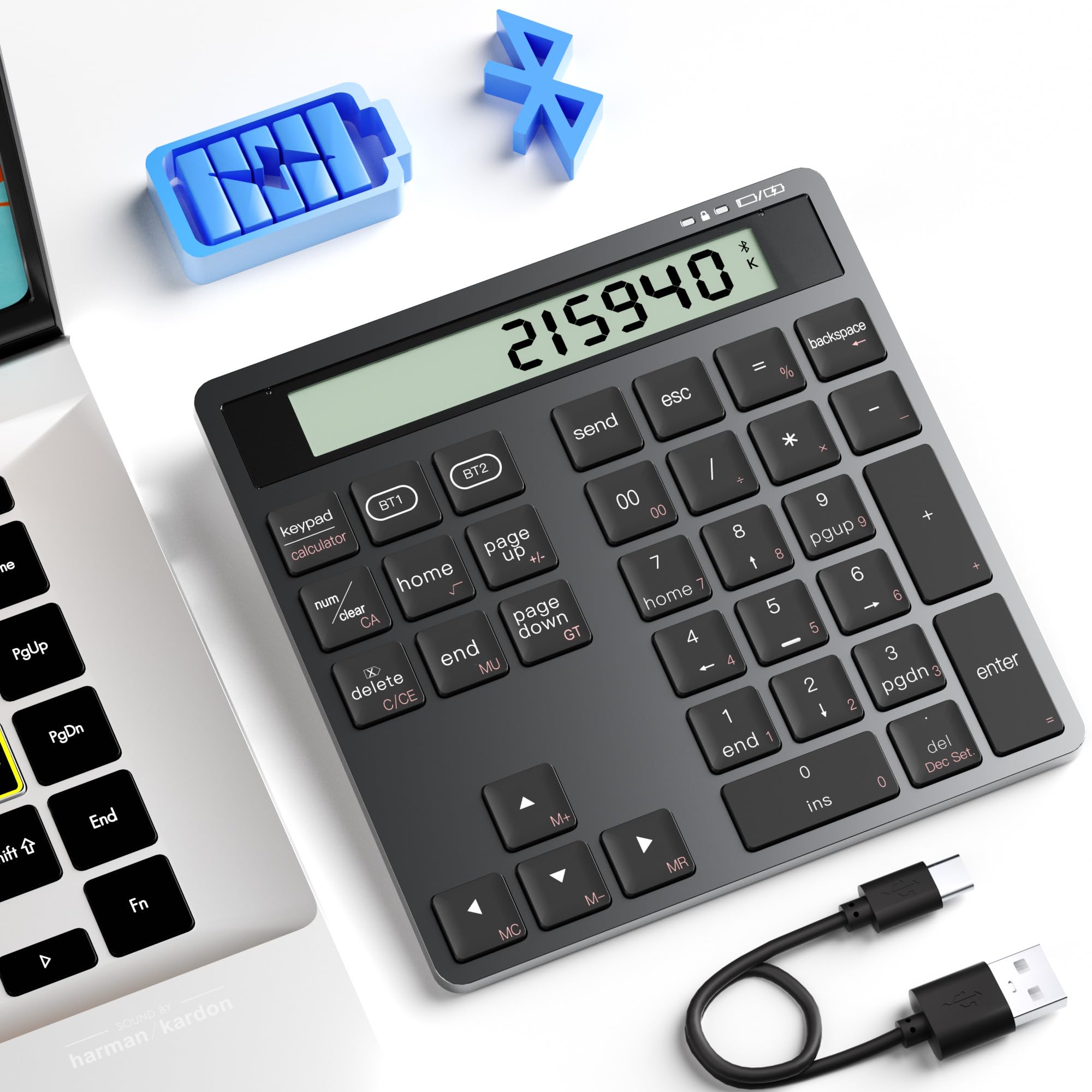 

Bluetooth Calculator with Numeric Keypad - Type-C Charging - Connects up to 2 Devices [BT1BT2] Type-C Wired and Bluetooth Wireless 2-in-1 Slim 34-Key