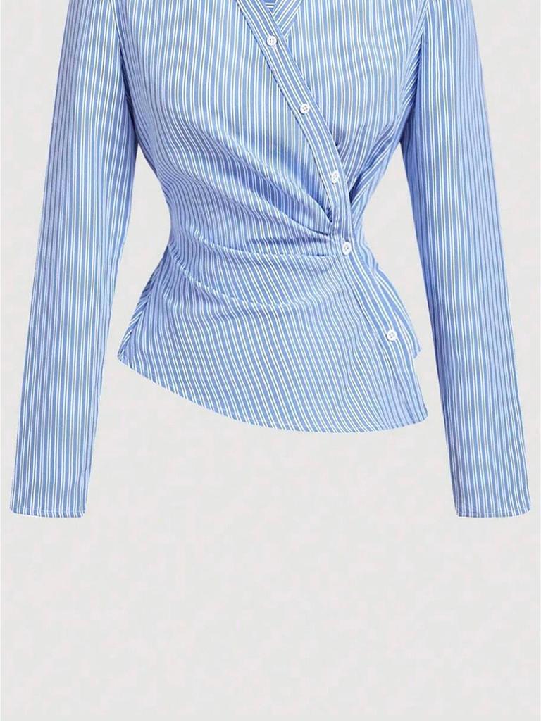 European Asymmetrical Twist Knot Blue & White Striped Long-Sleeve Women's Shirt
