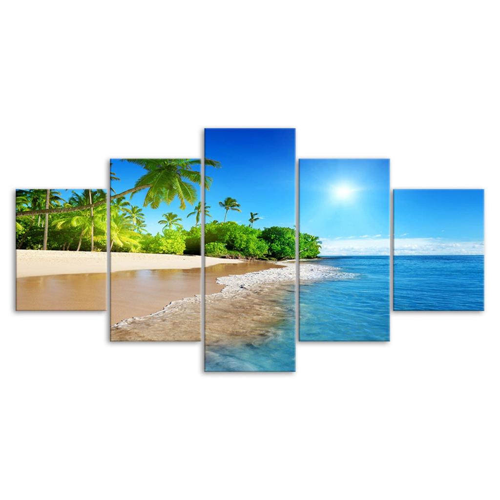 Tropical Island Beach Seashore Sunshine 5 Piece Five Panel Wall Canvas Print Modern Art Poster Picture Home Decor Gift For Him For Her
