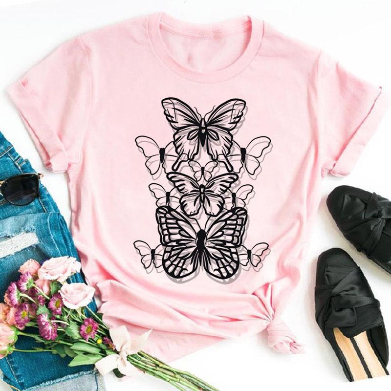 Fashionable Plus Size Color Butterfly Print Simple Base Shirt Loose Fitting Clothes Pure Cotton T-Shirts Women’s