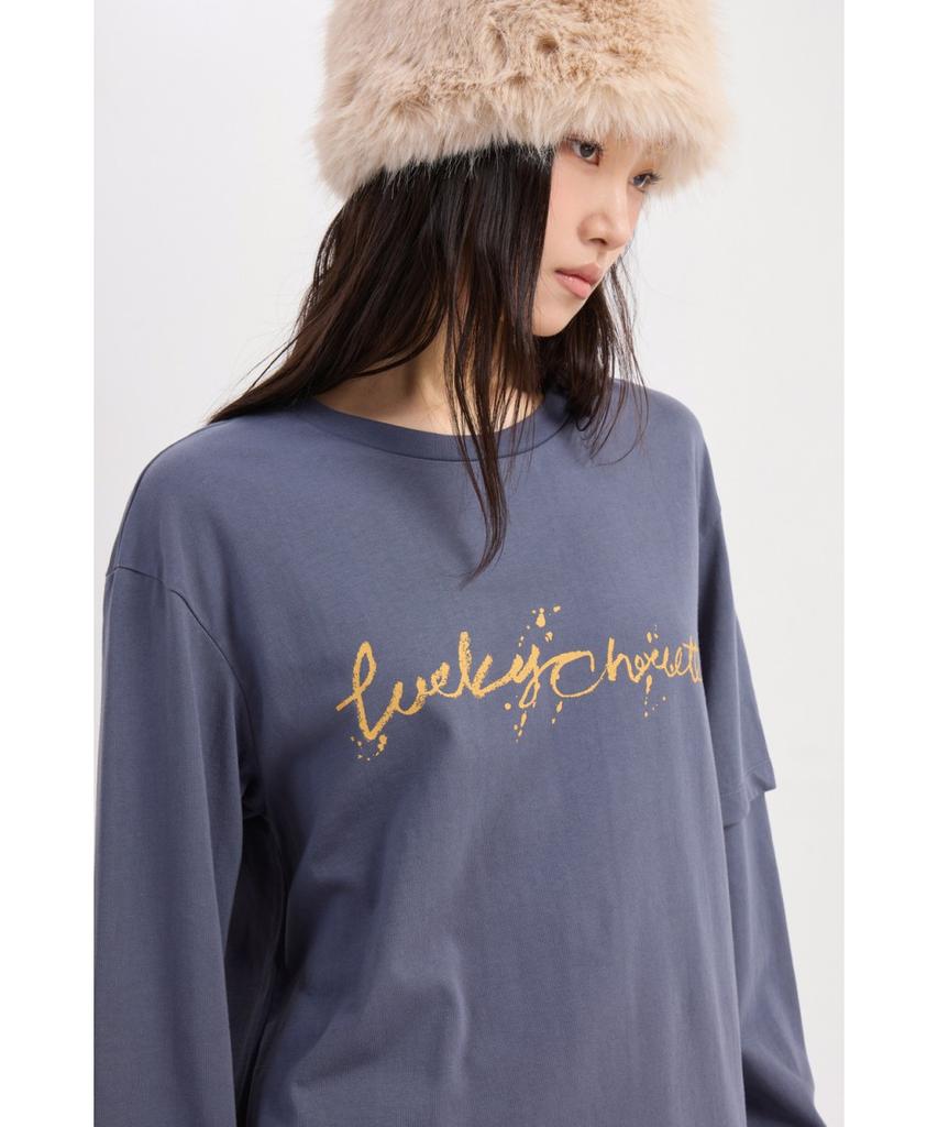 LUCKY CHOUETTE Lettering Point Loose Fit Long Sleeve T-Shirt (Dark Blue) Lftaw25320Bud