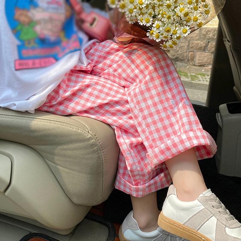 Sommerhose für Kinder, Mädchen, weites Bein, lockere karierte Hose, lässig, elastische Taille, bequeme Hose mit Taschen, 3–8 Jahre