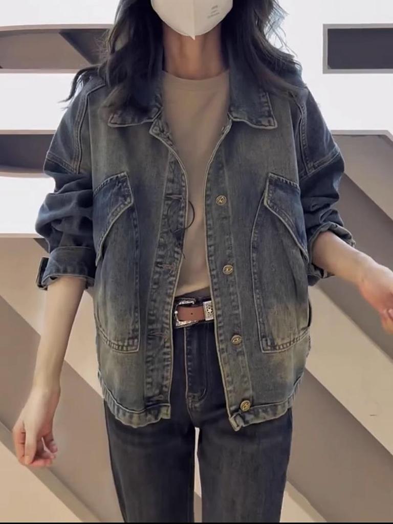 Women's Plus Size Retro Hong Kong Style Denim Jacket - Slimming Petite Fit for Spring and Autumn 2024