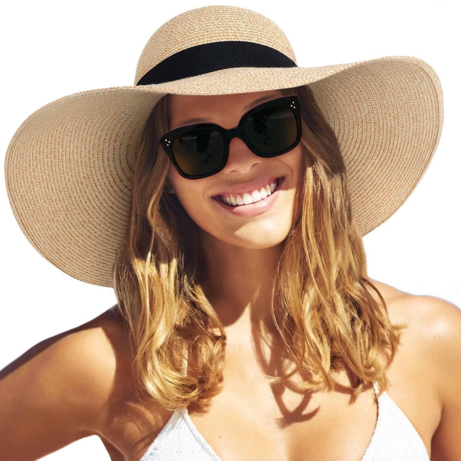 

Foldable wide brim straw beach hat for women sun protection breathable lightweight summer travel outdoor vacation sun hat бежевый
