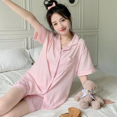 Summer Women Short Sleeve Top and Shorts 2 Piece Set Pajamas Female Thin Cotton Fashion Sleepwear Pink Plaid Cardigan Pyamas Set
