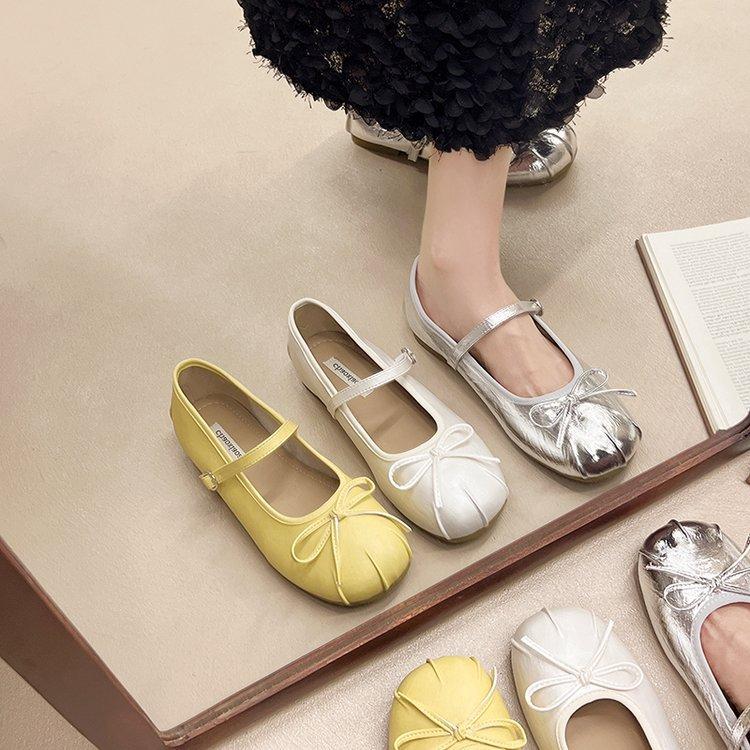 French ballet style flat-soled single shoes women's 2025 summer new bow with skirt one-word buckle belt Mary Jane shoes
