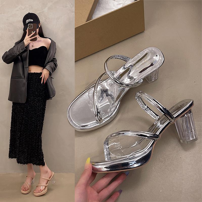 Women Sandals High Heels 7-9 Cm Silver Transparent Female Sandals Summer Sexy Nightclub Waterproof Platform Women's Shoes