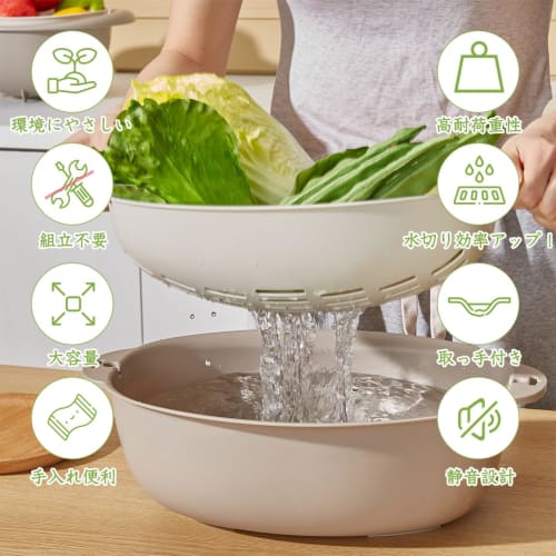 VECELO Colander and Bowl Set, 36.4cm Wide x 24.2cm Deep x 11cm High, Two-Layer, Shallow Vegetable Drainer, Strainer, Tabletop Drainer, Vegetable Strai
