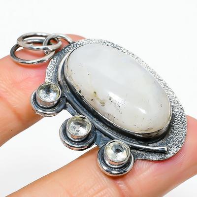 Natural Rainbow Moonstone, Topaz Gemstone 925 Sterling Silver Pendant 2.13" S4y20