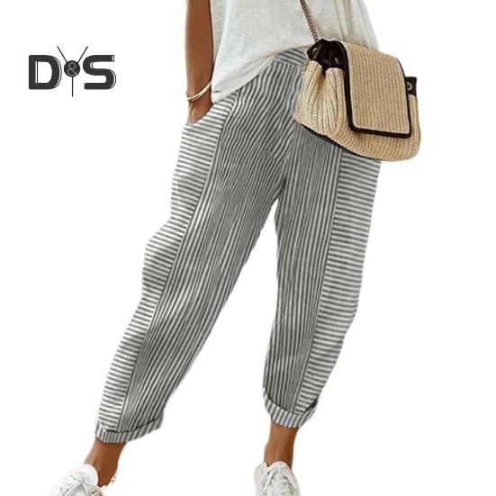 Damen Freizeithose Elastische Taille Mittelhohe Sommer-Jacquard-Lange Hose mit Taschen Streifenmuster Locker sitzende Hose