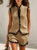 Women Knitted Two Piece Set Sleeveless Wave Edge Button Up Vest High Waist Shorts Summer Casual Suit
