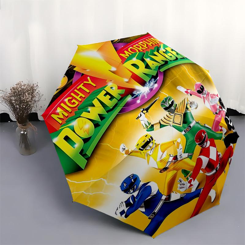 1pc Mighty Morphin Power Rangers Automatic Folding Umbrella - Portable 3-Fold Design with 8-Bone Iron Frame - Outdoor for Fans, Travelers, Everyday Us