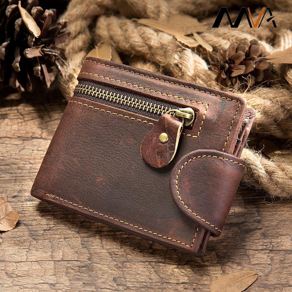 MVA Genuine Leather Men's Wallet - Short Bifold Vintage Stitch Coin Purse with Multiple Card Slots 7042