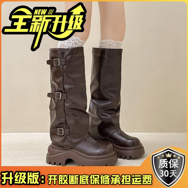 Fashion platform boots women's autumn and winter new retro British style thick heel locomotive cool knight boots trouser boots
