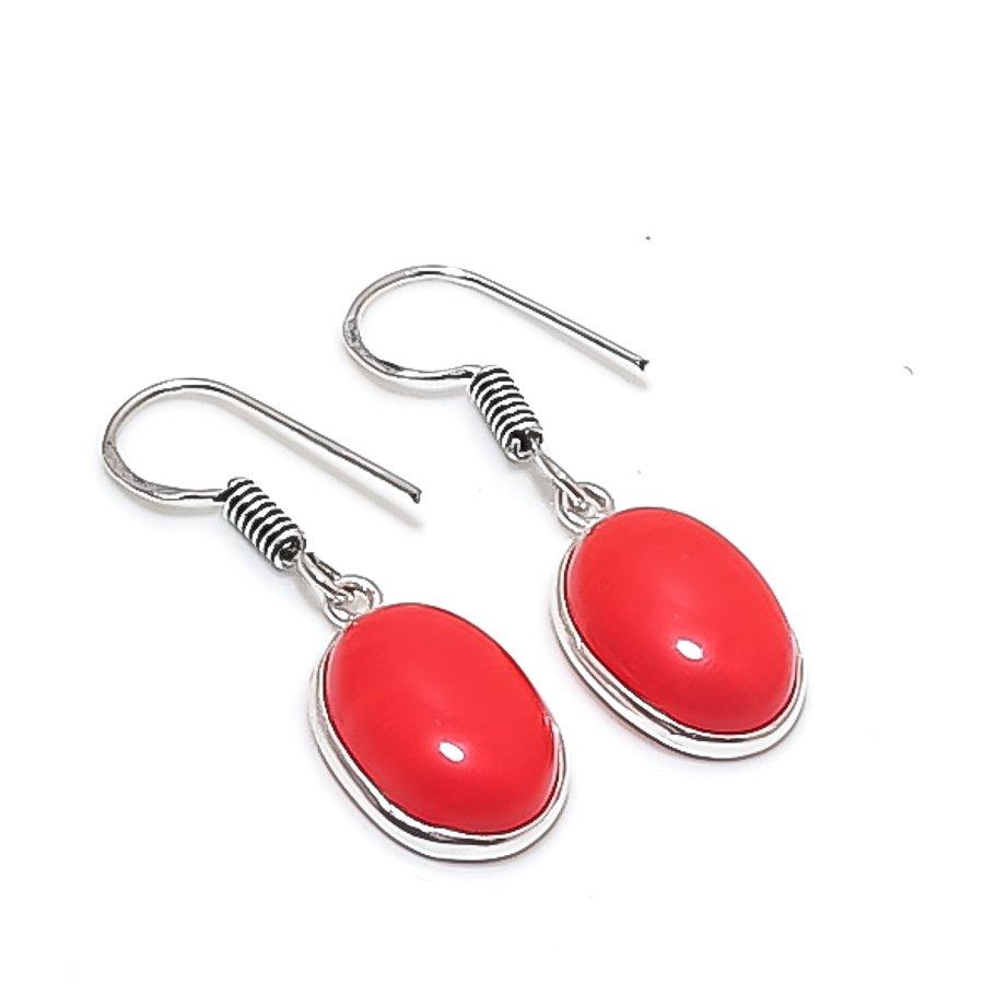 Italian Red Coral Gemstone 925 Sterling Silver Jewelry Earring 1.30" KJ-804