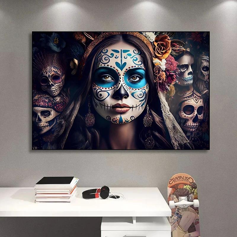 Day of The Dead Flowers and Beauty Skull Posters Prints Woman Halloween Canvas Painting Abstract Wall Art Picture Decoration
