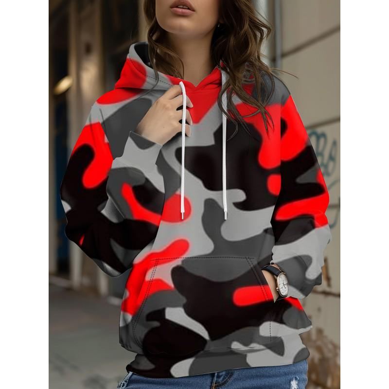 Womens Relaxed Fit Hooded Long Sleeve Sweatshirt With 3D Floral Plaid Print Breathable Comfort Casual Top