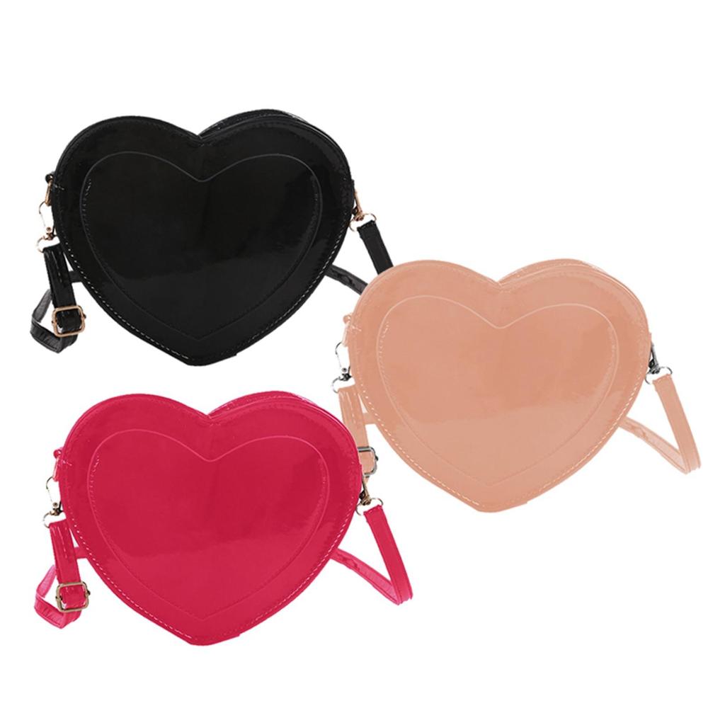 Love Heart Shape Shoulder Bag Glossy PU Leather Adjustable Shoulder Strap Pure Color Casual Trendy Satchel for Women