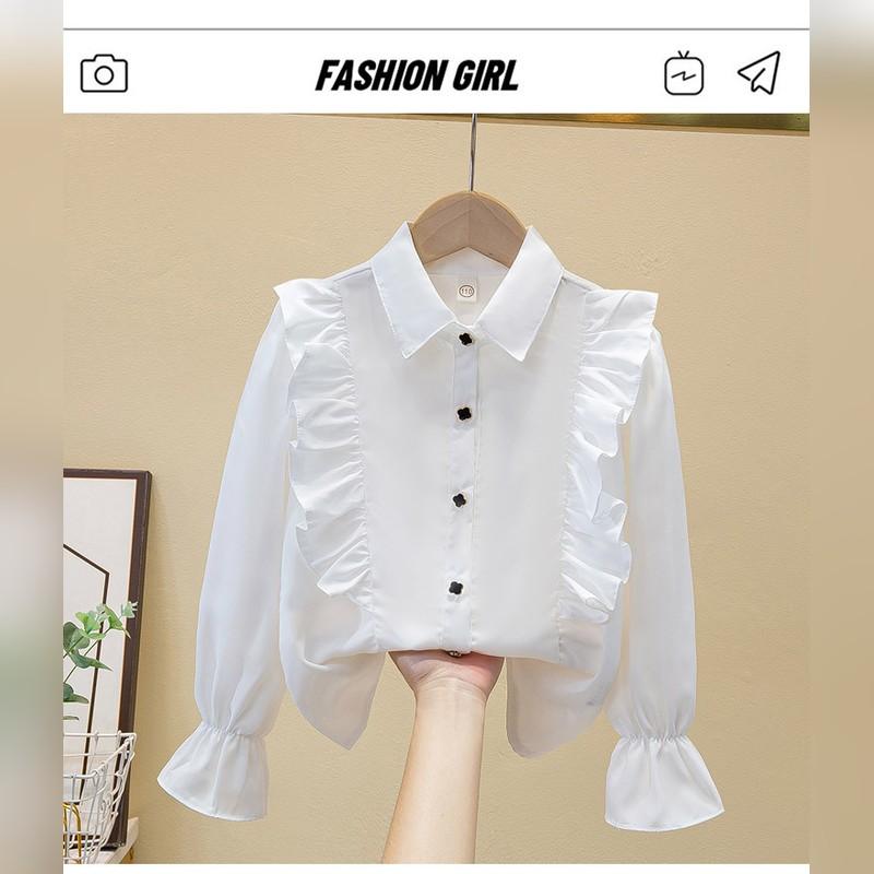 Girls White Blouse Long Sleeve Ruffle Lace Trim Viscose Shirt Children Student Class Uniform Schoolwear Spring Autumn Kids Top Fashion Design Layering