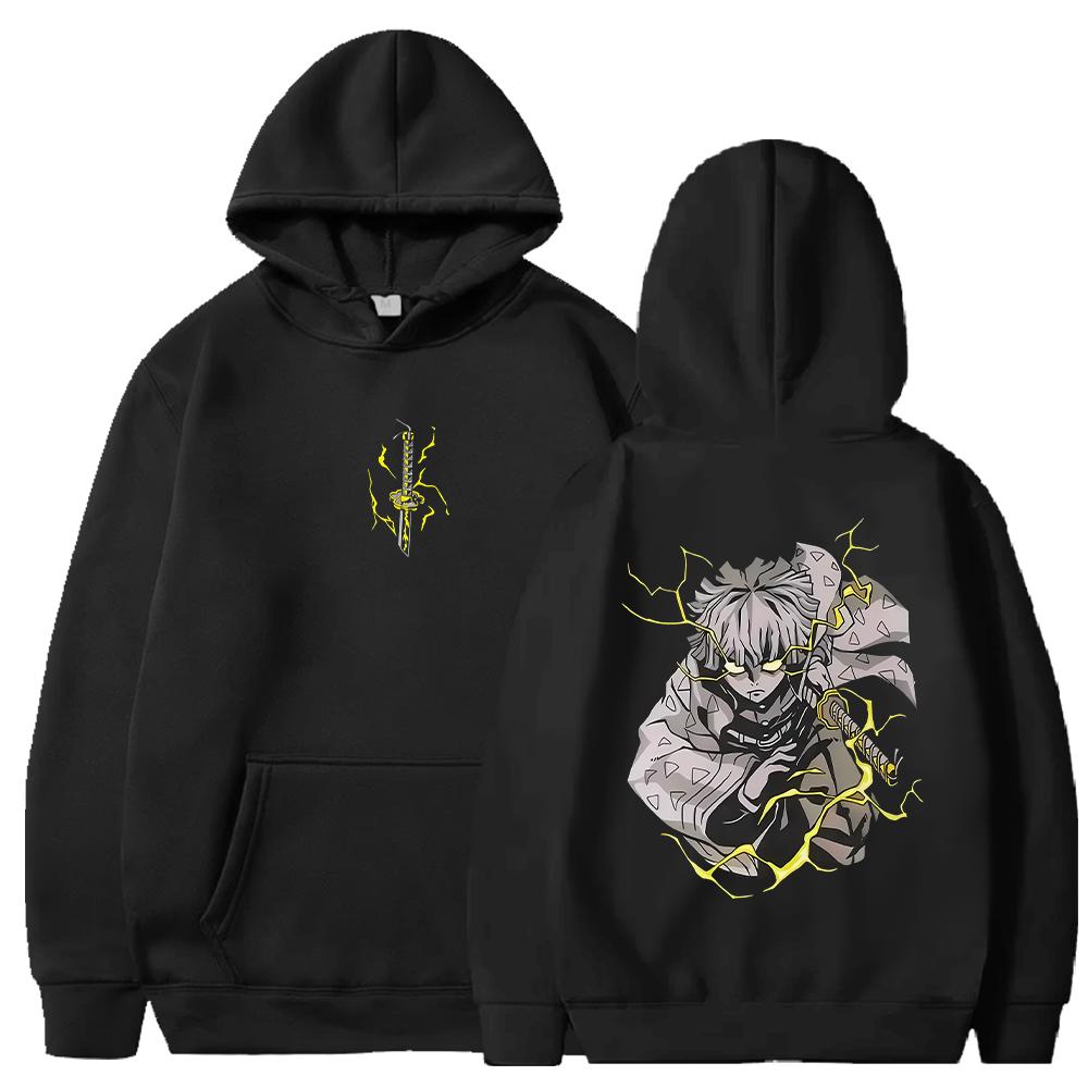 Vintage Harajuku Demon Slayer Hoodies Fall Winter Fleece Sweatshirts Manga Zenitsu Graphic Hooded Streetwear Men Women Clothing