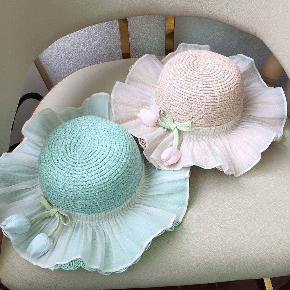 with Same Style Crossbody Bag Tulip Straw Sun Hat Korean Style Lace Brim Beach Cap  Baby