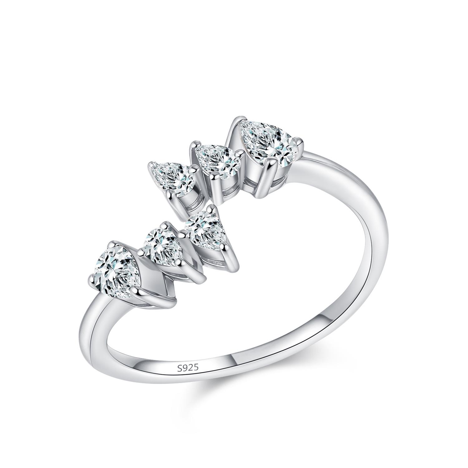 S925 Sterling Silver Pear-Shaped Zircon Double Row Pave Open Women s Ring Size 5