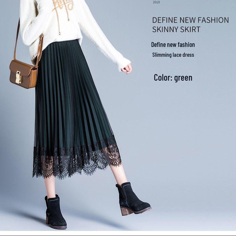 Autumn/Winter Lace Pleated Skirt - Korean Style Slim Fit, Plus Size, Mesh Tulle, Black/Green