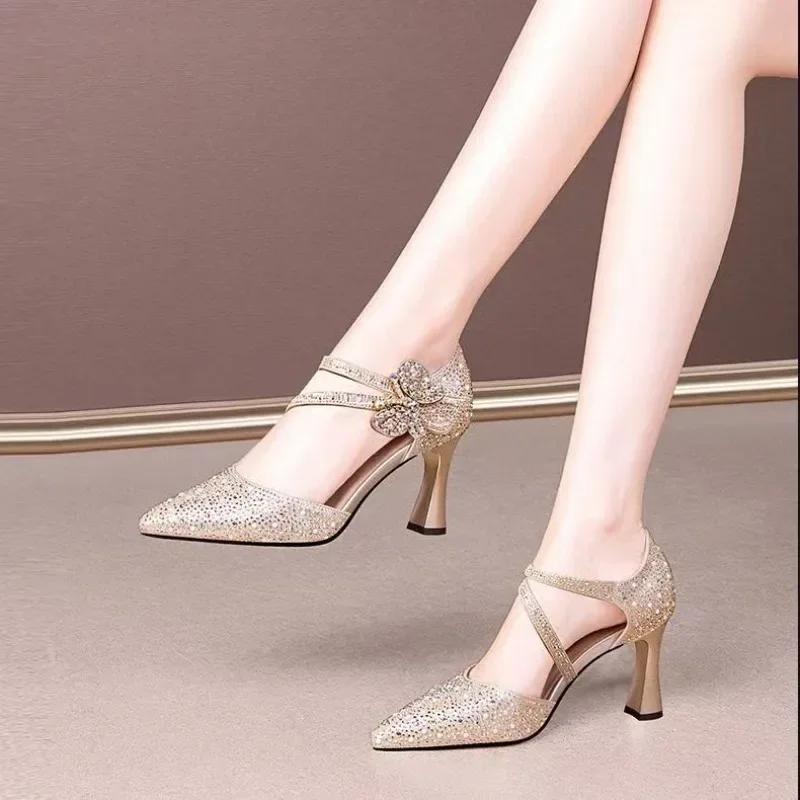 Women Sandals 2025 New Luxury Shoes Korean Style Casual Hollow Shoes for Women Trendy Pointed Toe High Heels Sandals