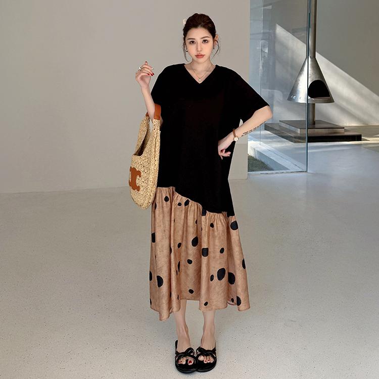 

DIMANAF 2025 Summer Plus Size Dress Women Casual Vintage Long Dress Loose Basic Cotton Polka Dot Printing Dress 3XL чёрный