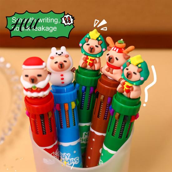 Colorful Retractable Pen Christmas Capybara Ballpoint 10 Color Cartoon Smooth Elk Snowmen Tree Multi-color Writing Festive Stationery Gift for