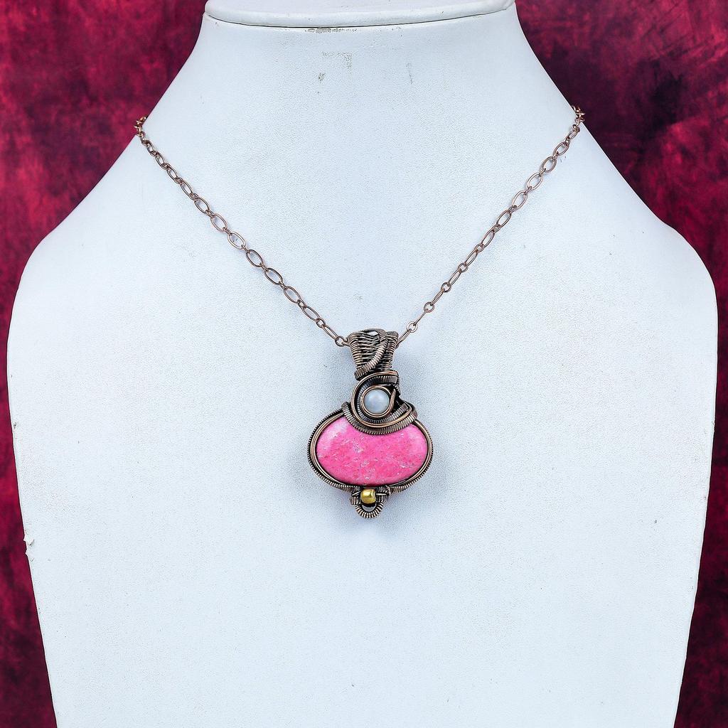 Thulite Pendant Gemstone Jewelry Copper Wire Wrapped Rainbow Moonstone Pendant